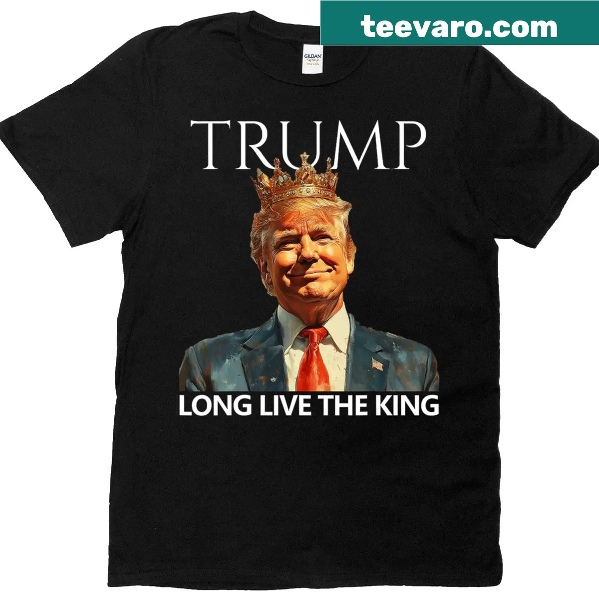 Humorous T-shirt featuring President Trump and the phrase Long Live The King — on a men's t-shirt