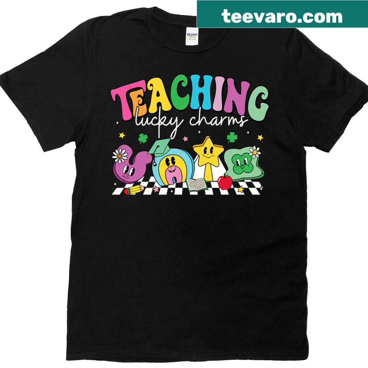 Retro St. Patrick's Day t-shirt for teachers with lucky charms — on a men's t-shirt