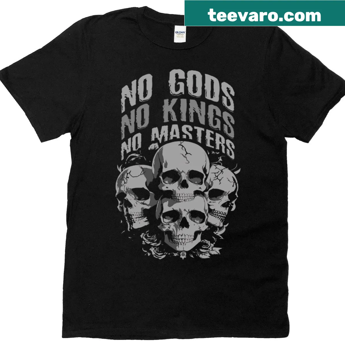 Skull graphic with the text 'No Gods No Kings No Masters' on a T-shirt — on a men's t-shirt