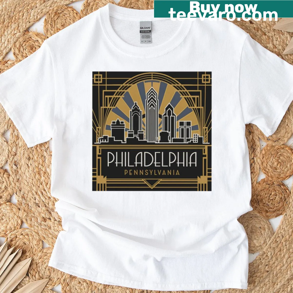 Illustrative T-shirt celebrating Philadelphia culture and landmarks — on a men's t-shirt