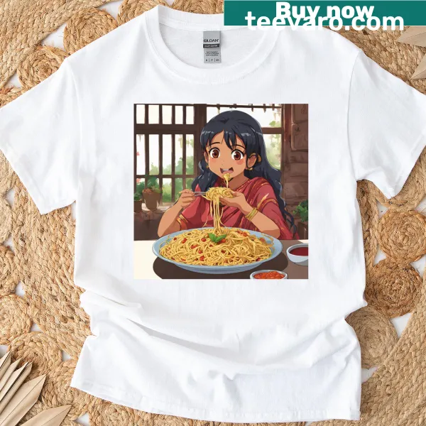 Graphic of a girl happily eating spaghetti on a T-shirt