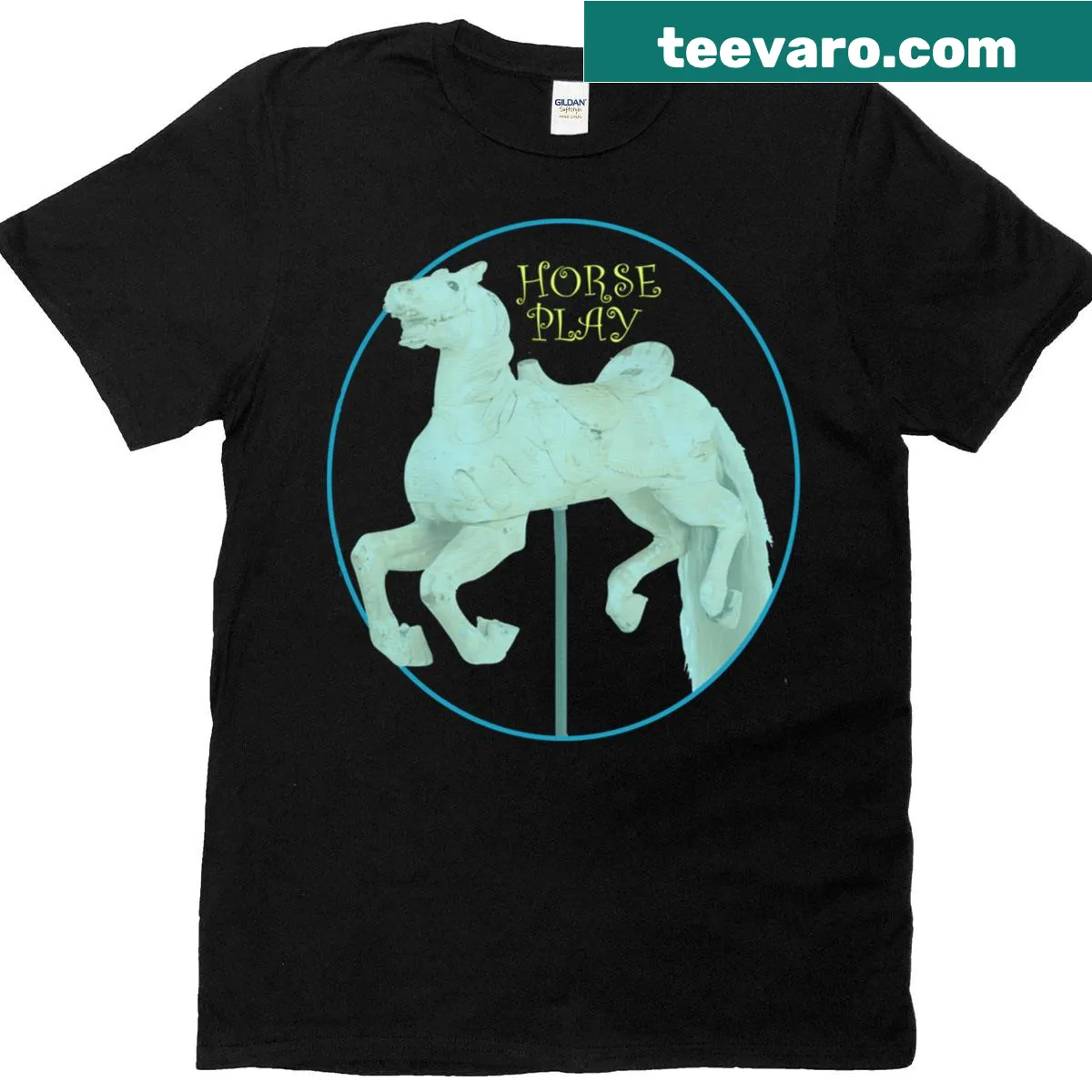Funny T-shirt with cartoon graphic about horseplay — on a men's t-shirt