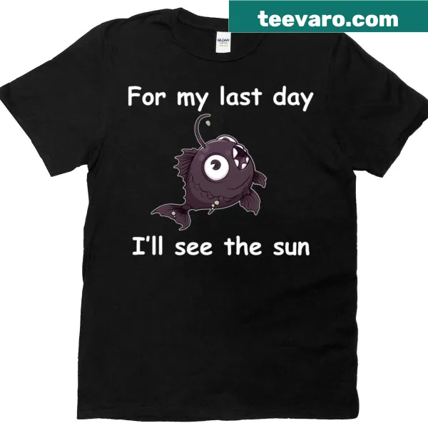 T-shirt with anglerfish graphic and text about seeing the sun