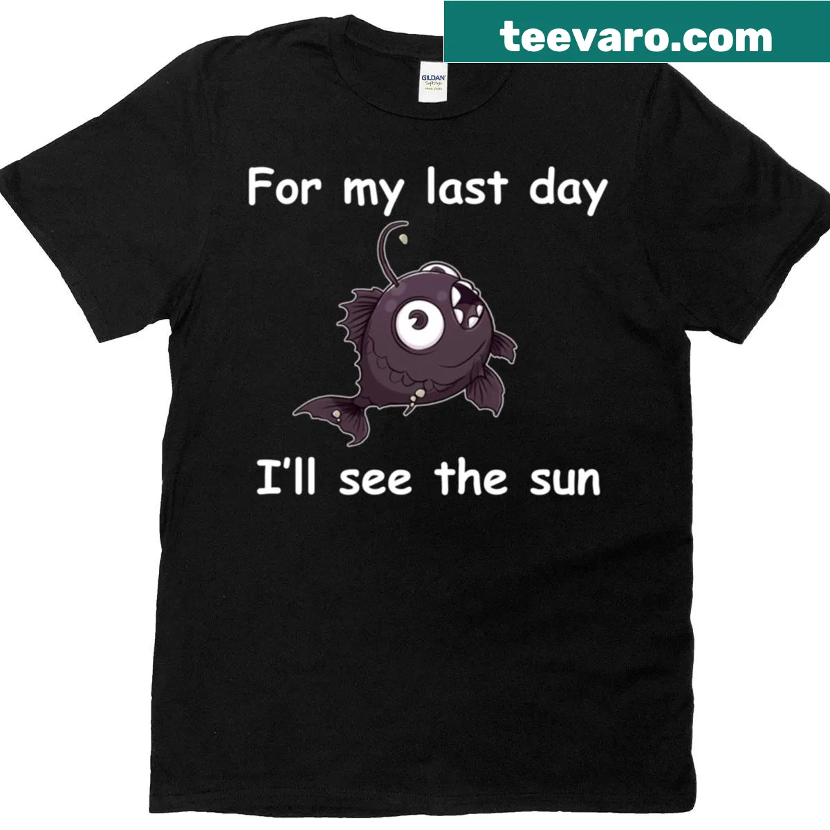 T-shirt with anglerfish graphic and text about seeing the sun — on a men's t-shirt