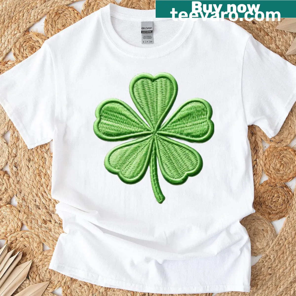 T-shirt featuring whimsical clover sticker and iron-on patches design — on a men's t-shirt