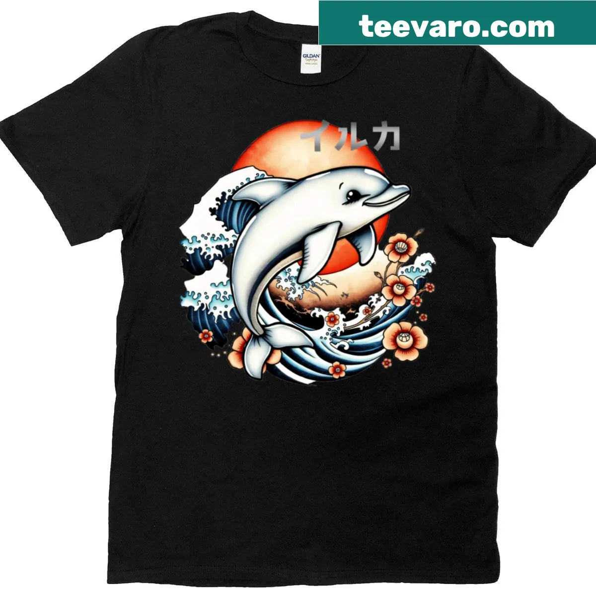 Ukiyo-e style dolphin design on a T-shirt — on a men's t-shirt