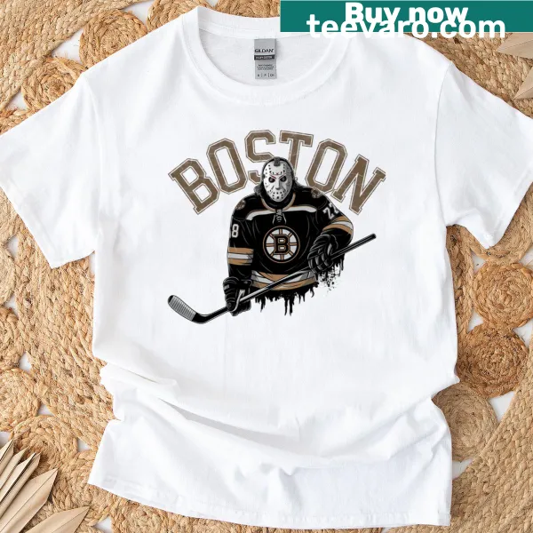 Jason Voorhees in a Bruins jersey with a hockey stick on a T-shirt