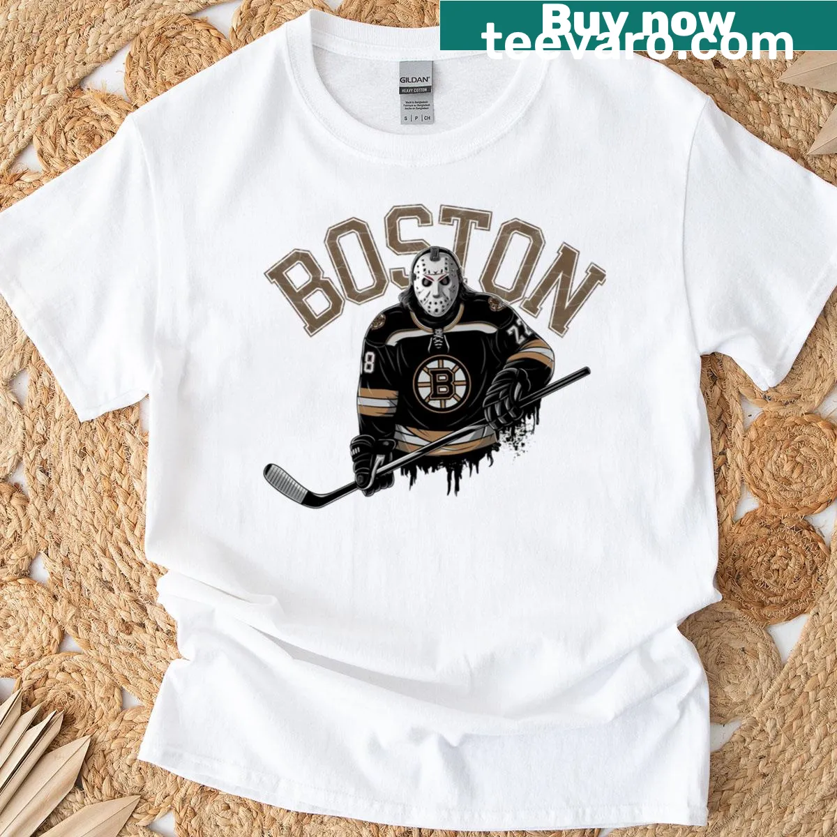Jason Voorhees in a Bruins jersey with a hockey stick on a T-shirt — on a men's t-shirt
