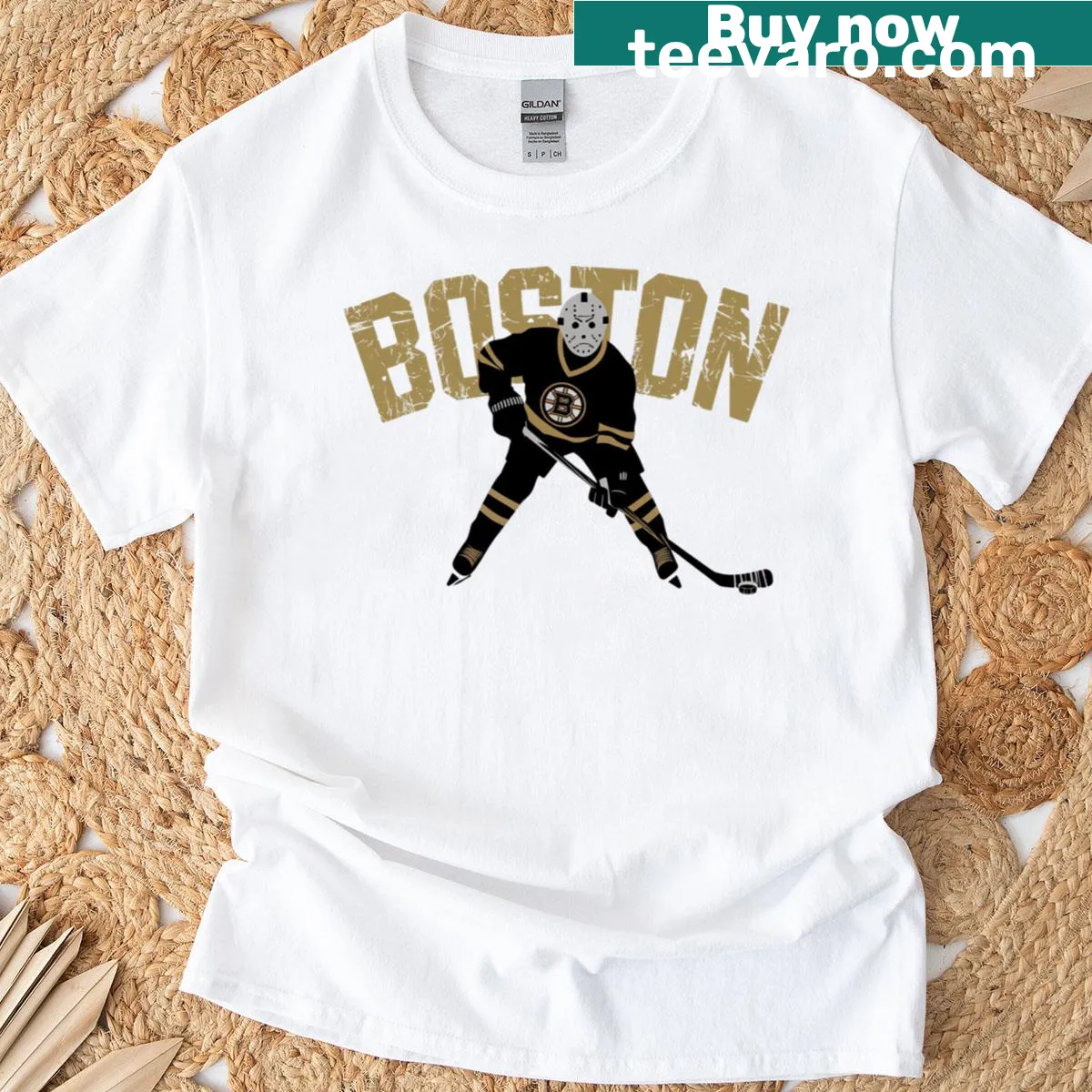 Jason Voorhees in a Bruins jersey with a hockey stick T-shirt — on a men's t-shirt