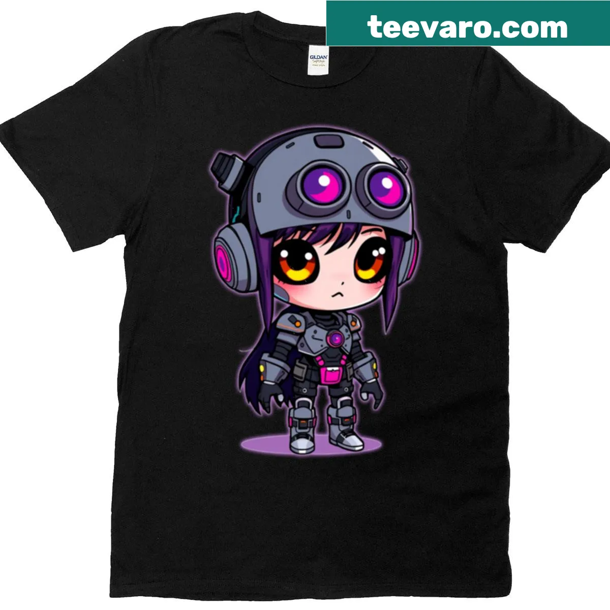 Cute T-shirt featuring a cartoon cyborg girl character — on a men's t-shirt