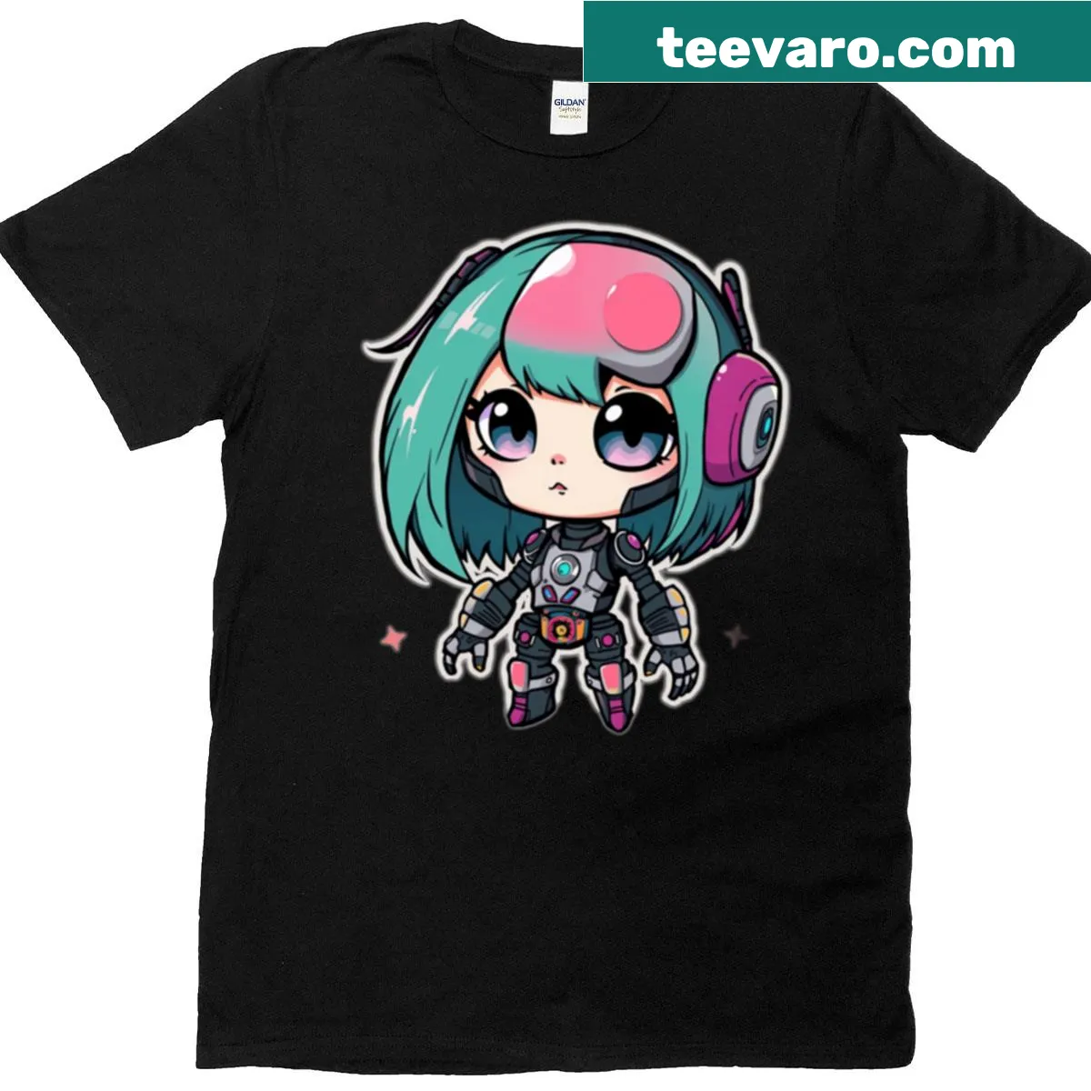 Kawaii robot T-shirt featuring a unique cartoon character design — on a men's t-shirt