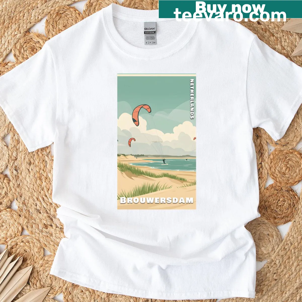 T-shirt depicting a kite flying in Brouwersdam, Netherlands — on a men's t-shirt