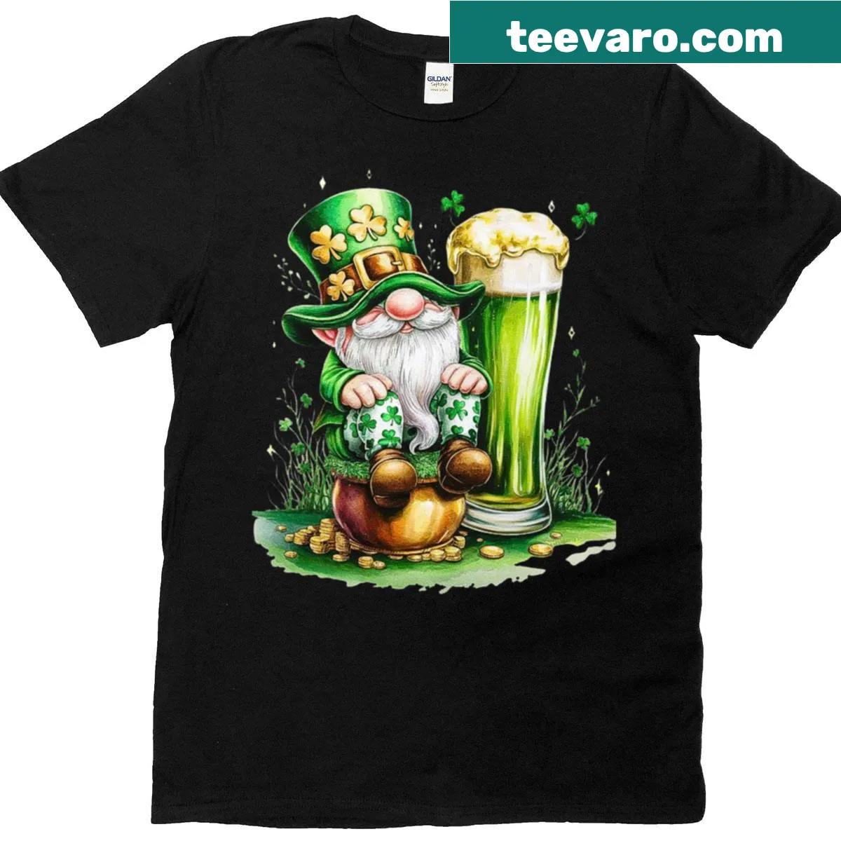 Humorous St. Patrick's Day T-shirt featuring a leprechaun and gold pot — on a men's t-shirt