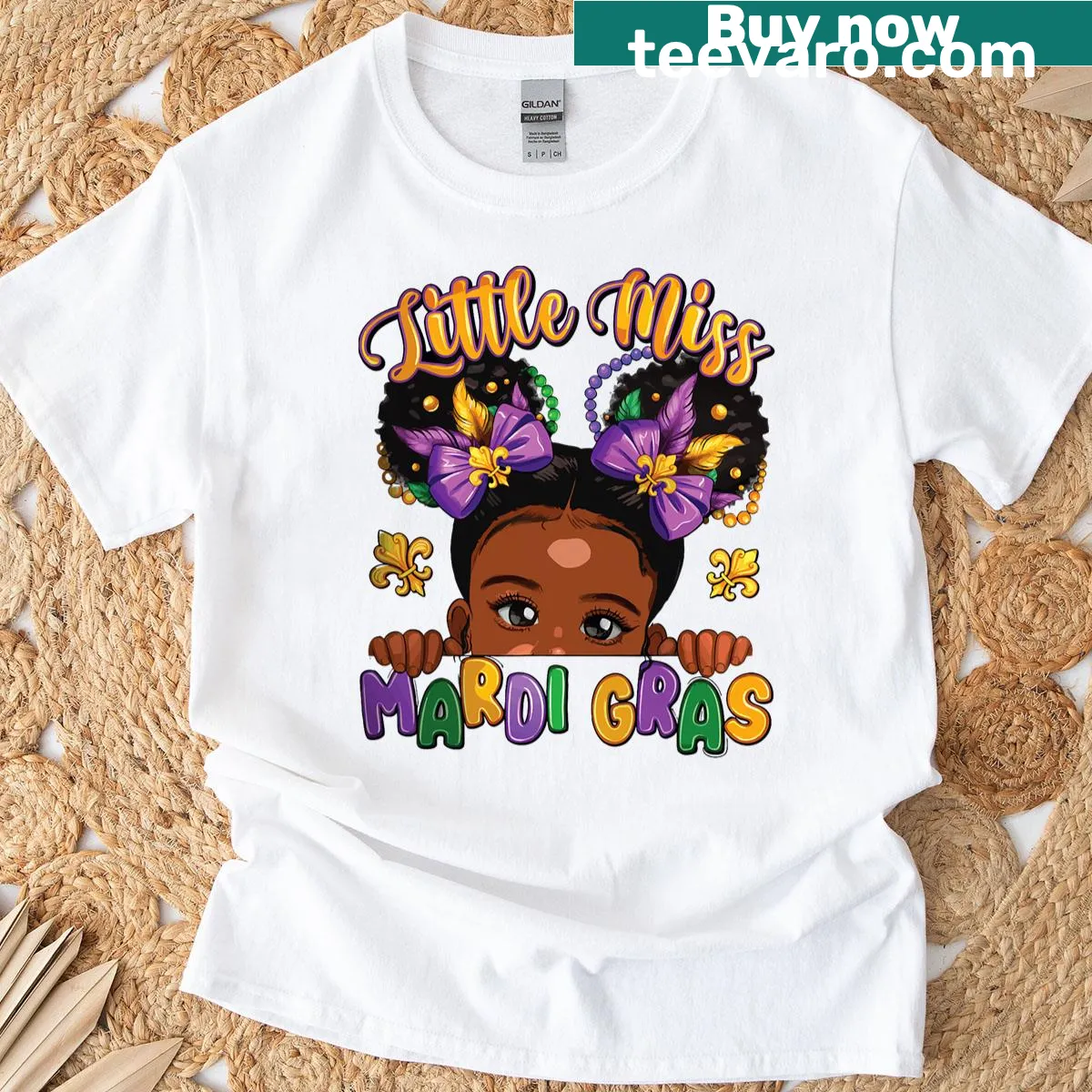 Cute kids T-shirt with Mardi Gras girl illustration and afro messy bun — on a men's t-shirt