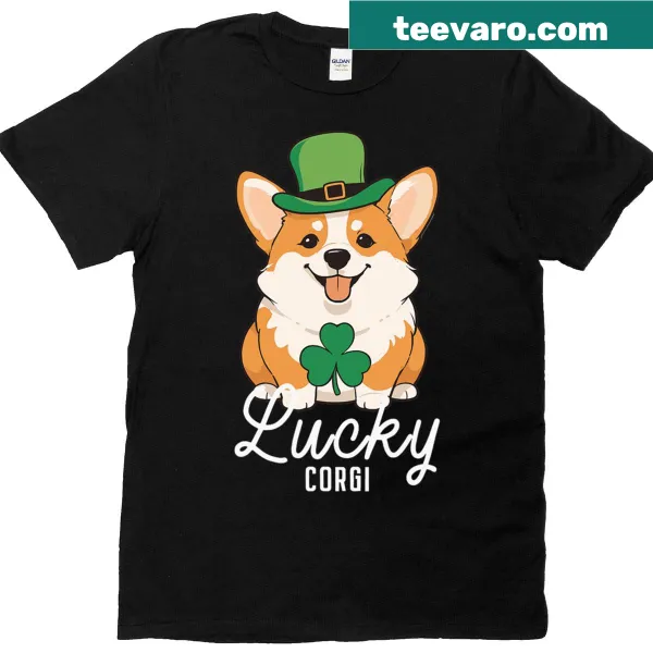 T-shirt depicting a lucky corgi with shamrocks for St. Patrick's Day
