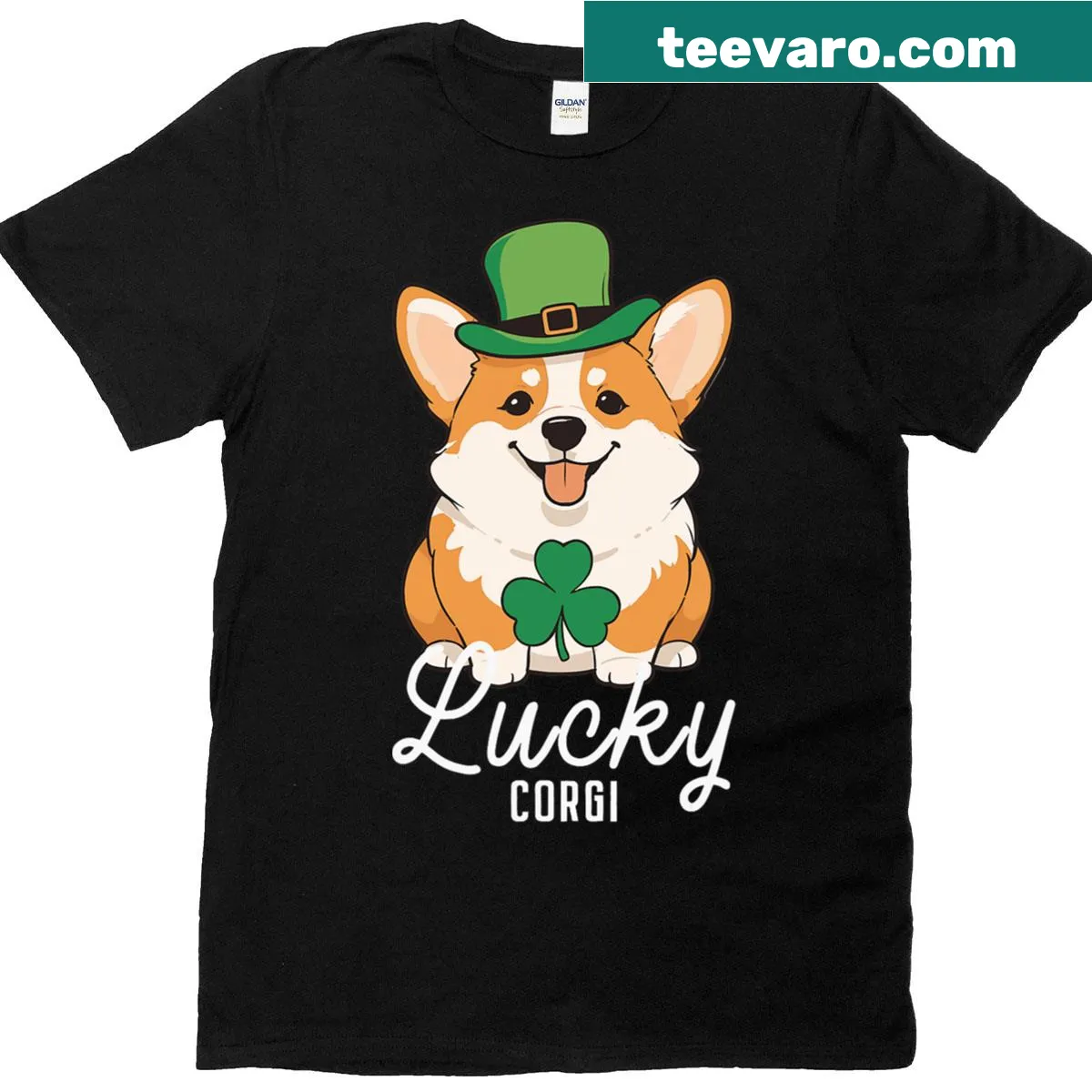 T-shirt depicting a lucky corgi with shamrocks for St. Patrick's Day — on a men's t-shirt