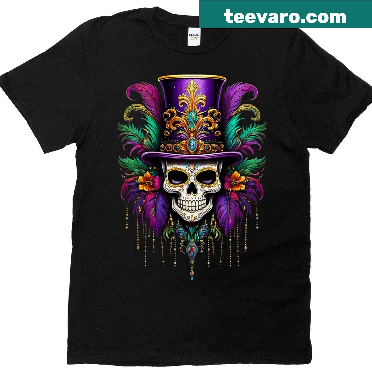 T-shirt featuring a Mardi Gras skull and witch doctor design — on a men's t-shirt
