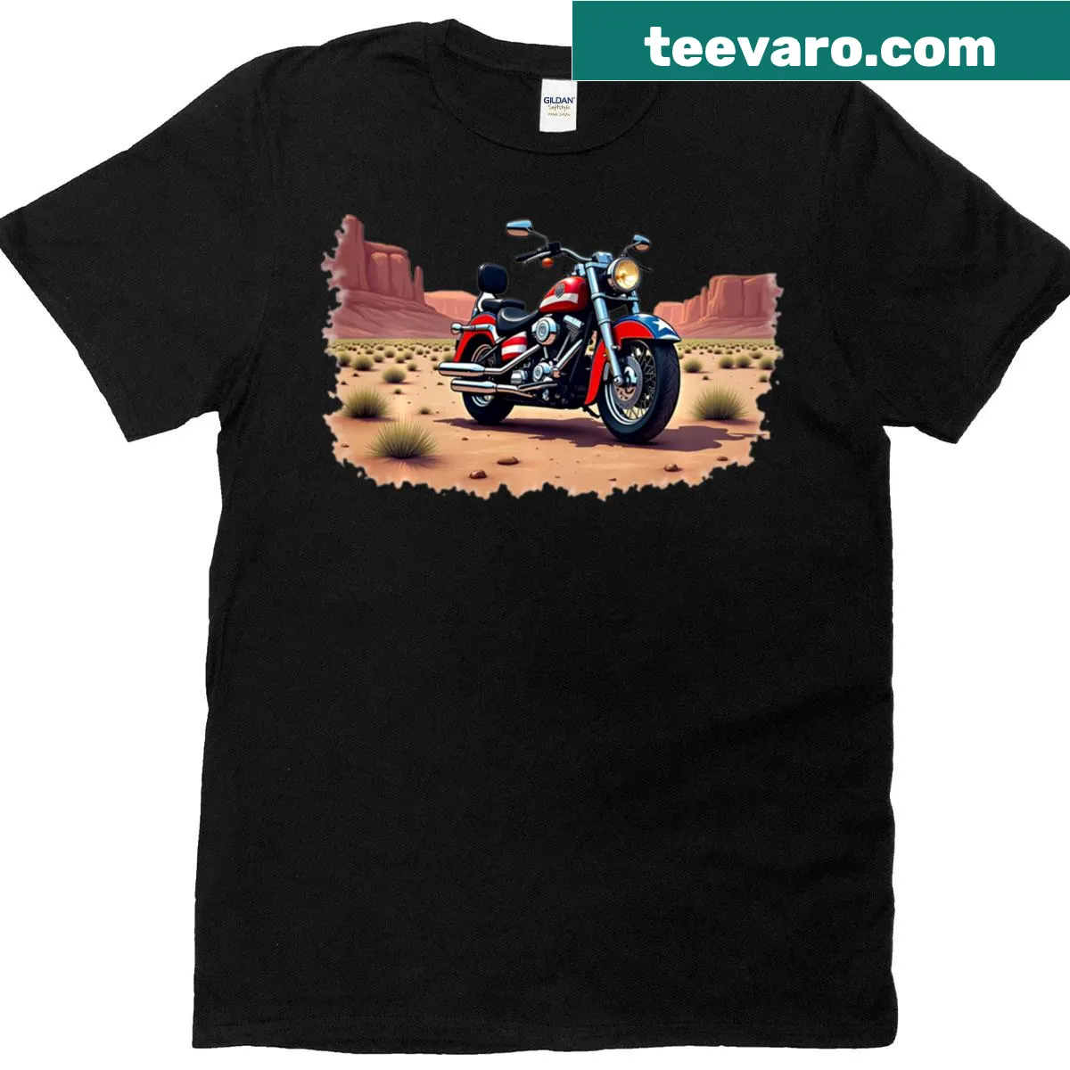 Vintage biker T-shirt with USA flag and motorcycle graphic — on a men's t-shirt