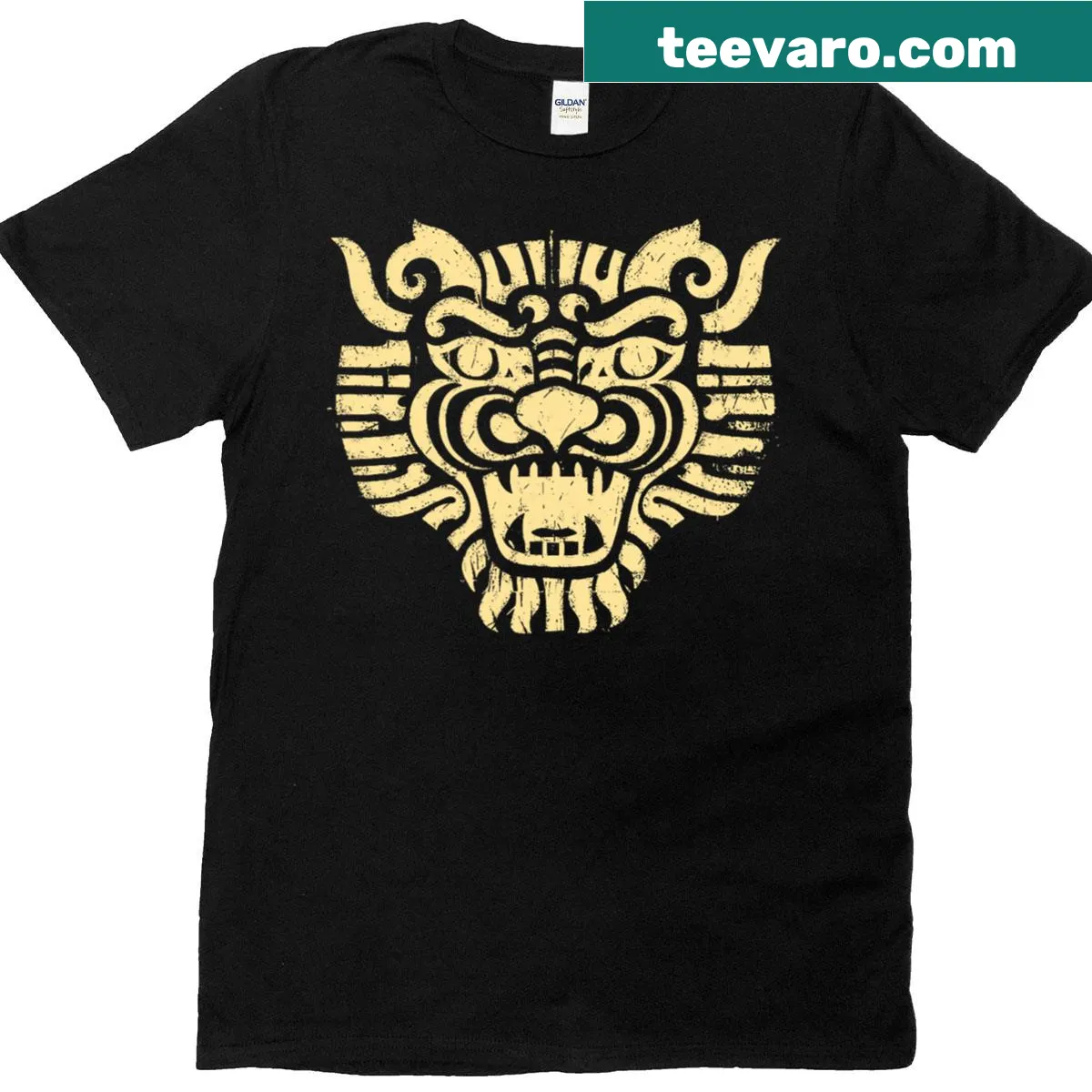 Illustration of a fierce Aztec warrior mask on a T-shirt — on a men's t-shirt