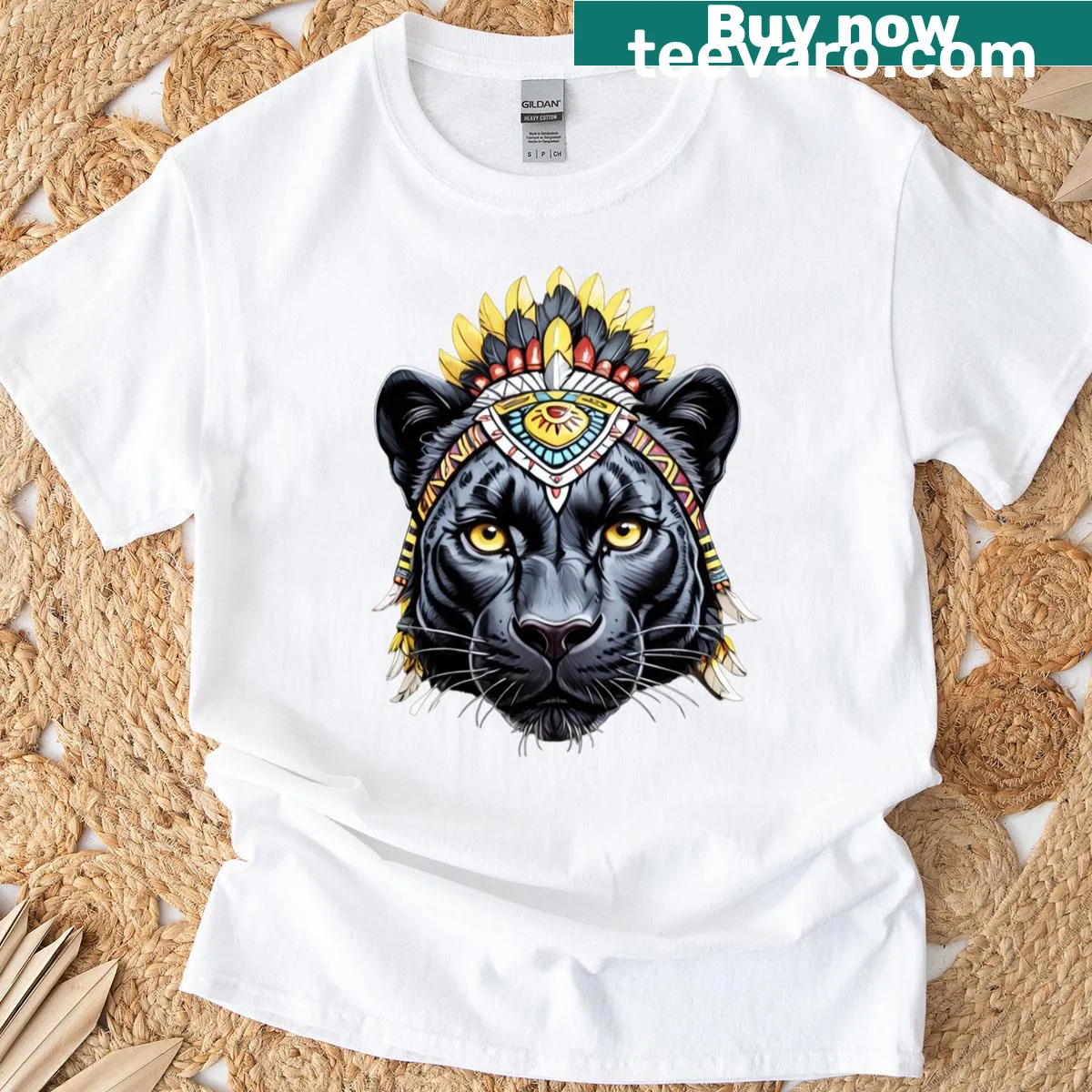 T-shirt featuring an illustrated spirit panther in tribal warrior art — on a men's t-shirt