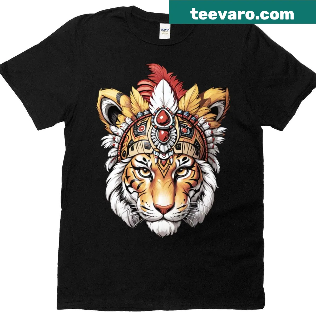 Tribal tiger illustration representing Native American spirit on t-shirt — on a men's t-shirt