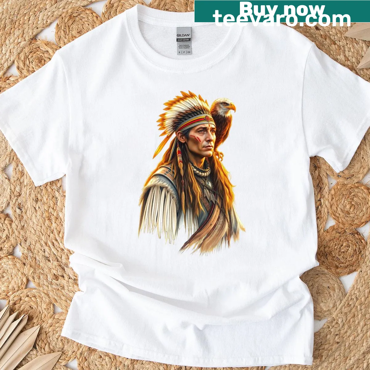 Illustration of a Native American warrior with an eagle on a T-shirt — on a men's t-shirt