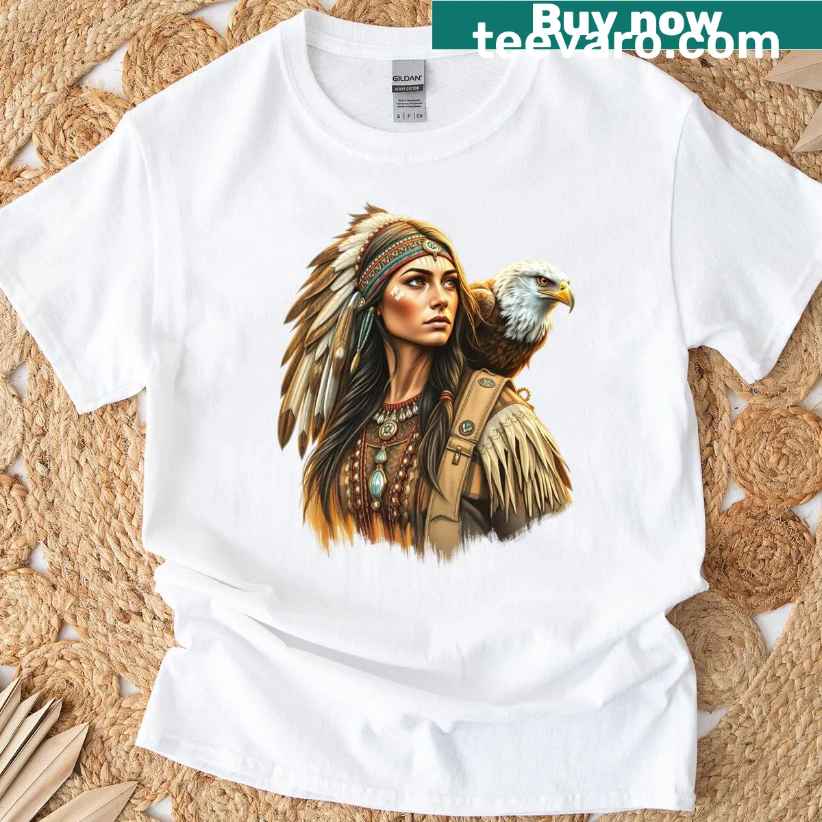 T-shirt featuring an illustration of a Native American woman with an eagle — on a men's t-shirt