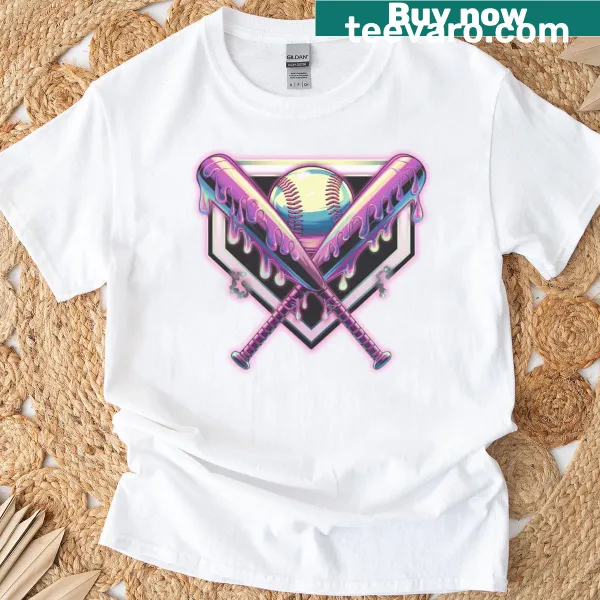 Playful cartoon baseball bats with neon ice cream drips on t-shirt
