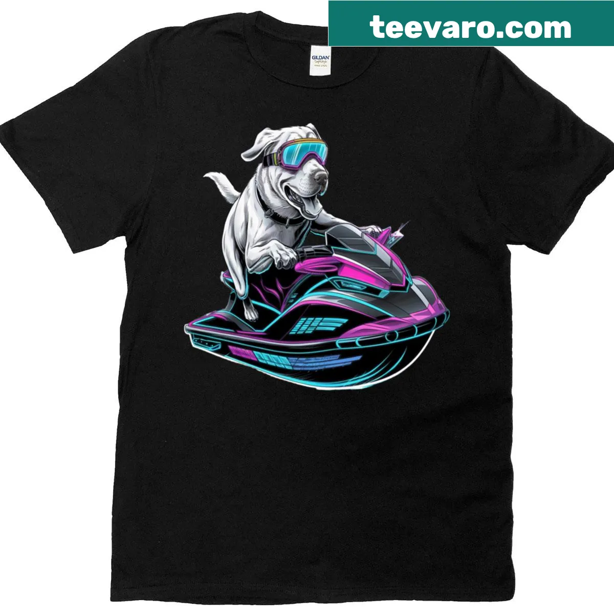 Illustration of a Labrador on a jet ski in neon colors. — on a men's t-shirt