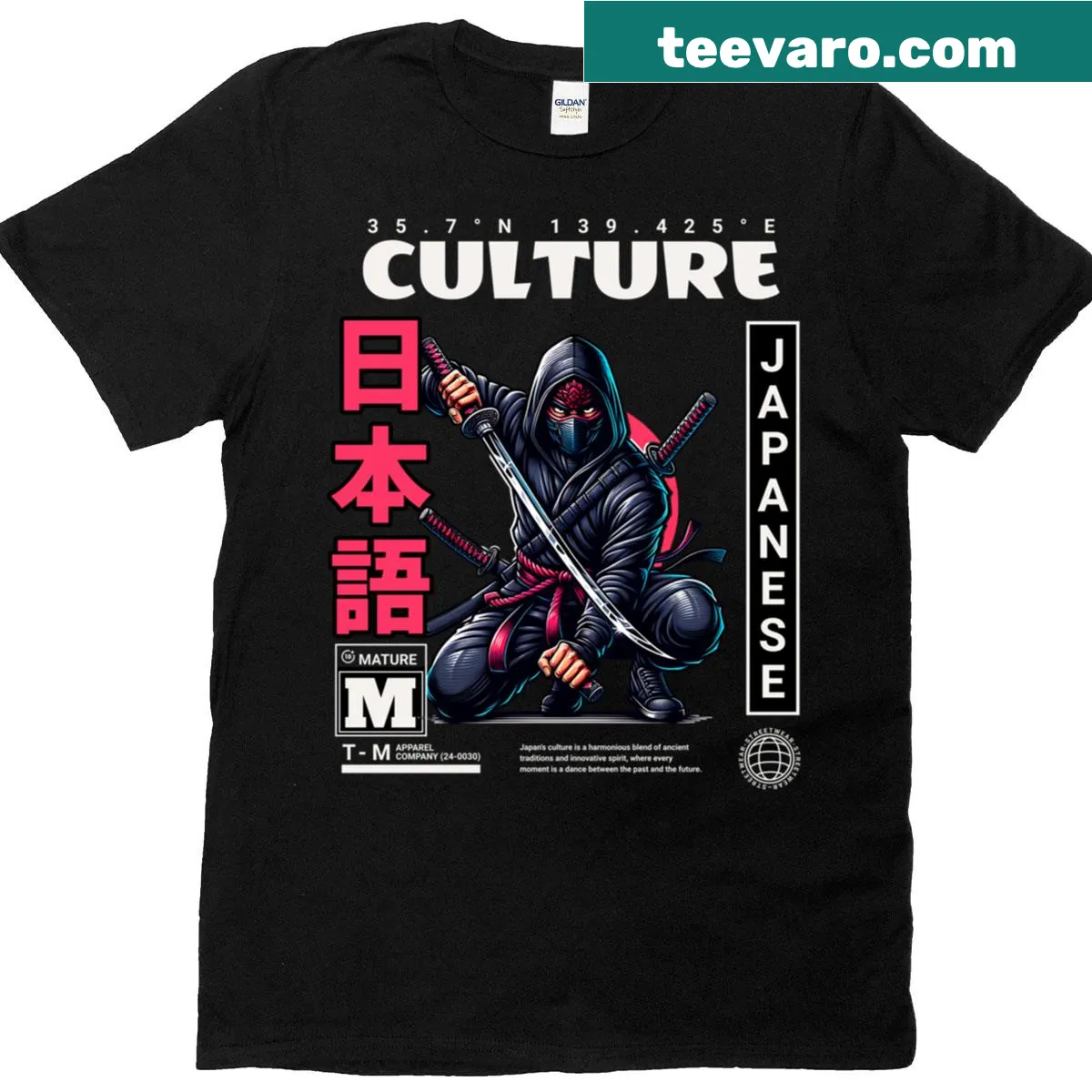 T-shirt featuring an illustrated ninja warrior with a katana — on a men's t-shirt