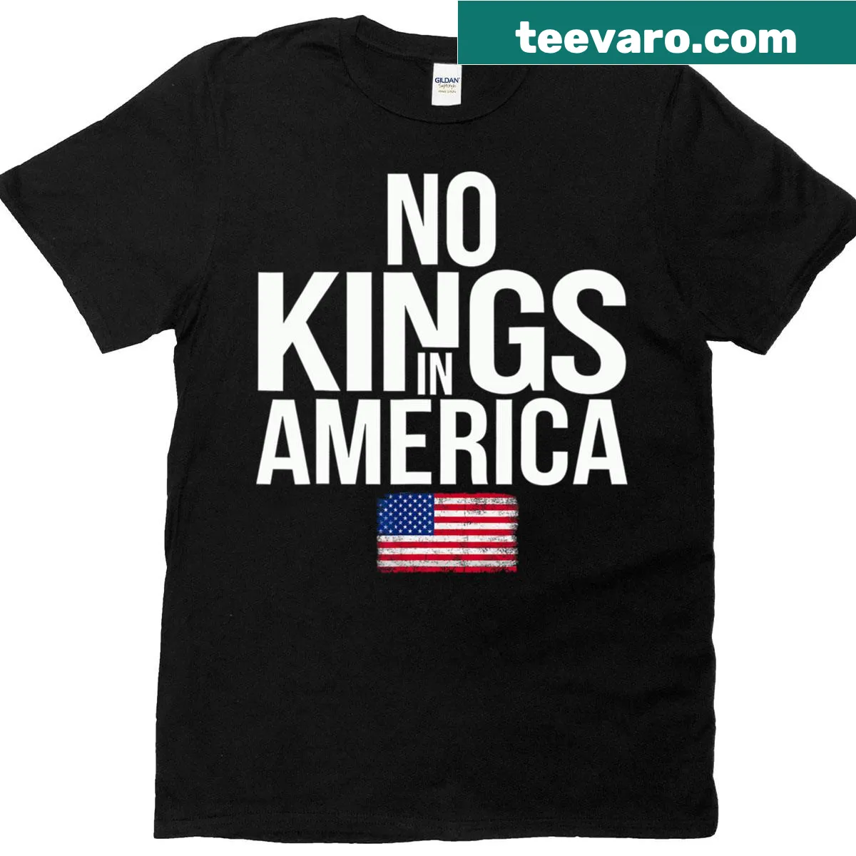 Bold typography t-shirt featuring 'No Kings In America' slogan. — on a men's t-shirt
