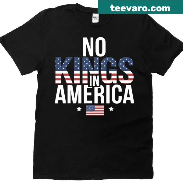Men's t-shirt featuring 'No Kings In America' text, symbolizing independence.