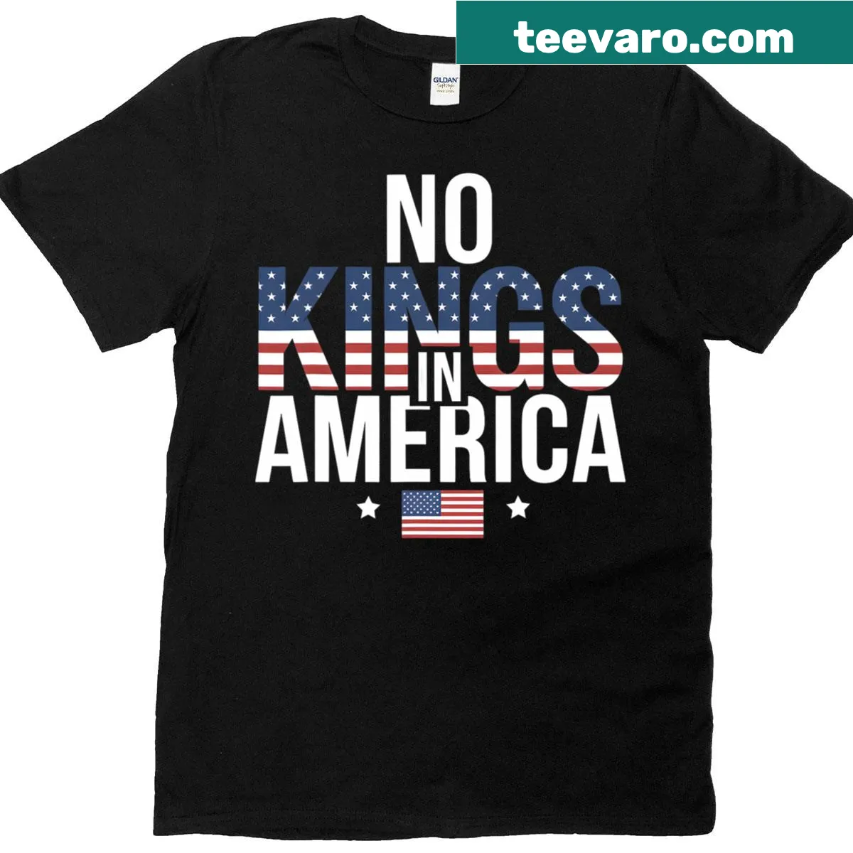 Men's t-shirt featuring 'No Kings In America' text, symbolizing independence. — on a men's t-shirt