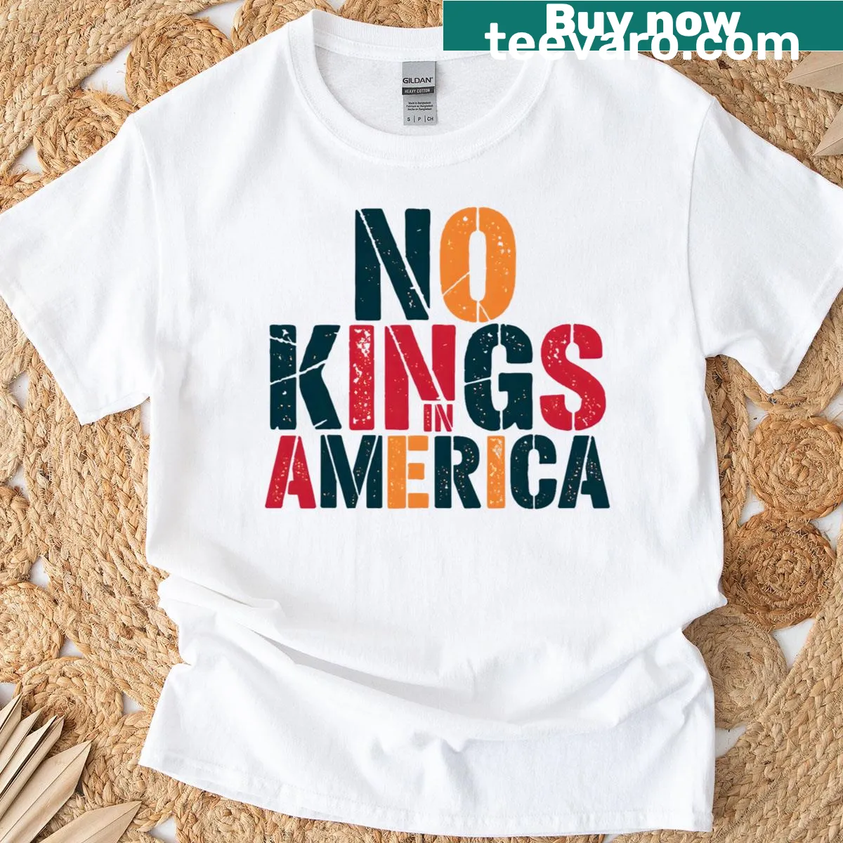Retro-inspired t-shirt featuring 'No Kings In America' slogan. — on a men's t-shirt