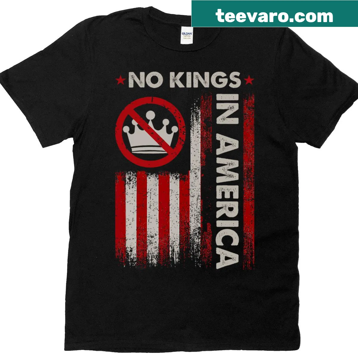 T-shirt with 'No Kings In America' and USA flag elements. — on a men's t-shirt