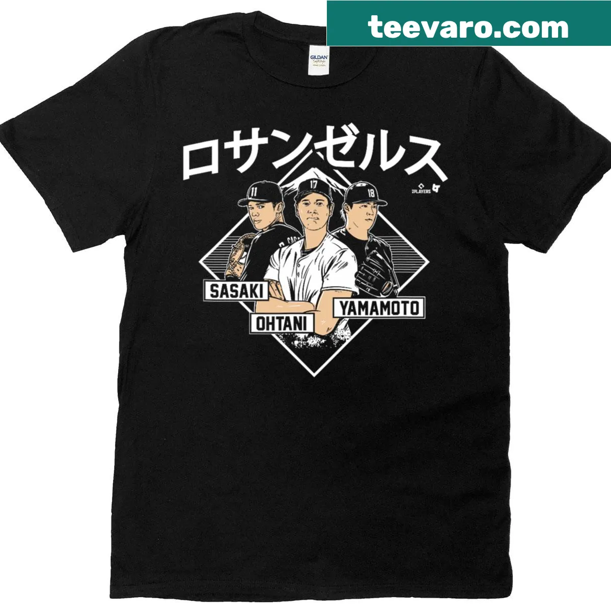 T-shirt featuring Ohtani, Sasaki, and La Kanji baseball design — on a men's t-shirt