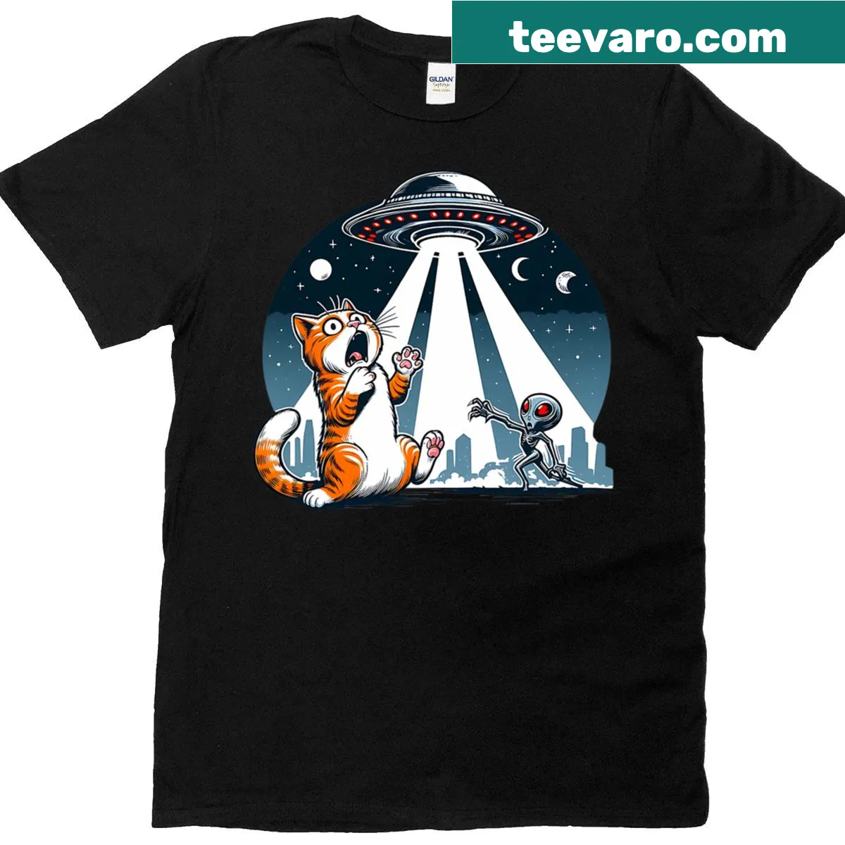 Orange cat being beamed up by a UFO on a playful T-shirt — on a men's t-shirt