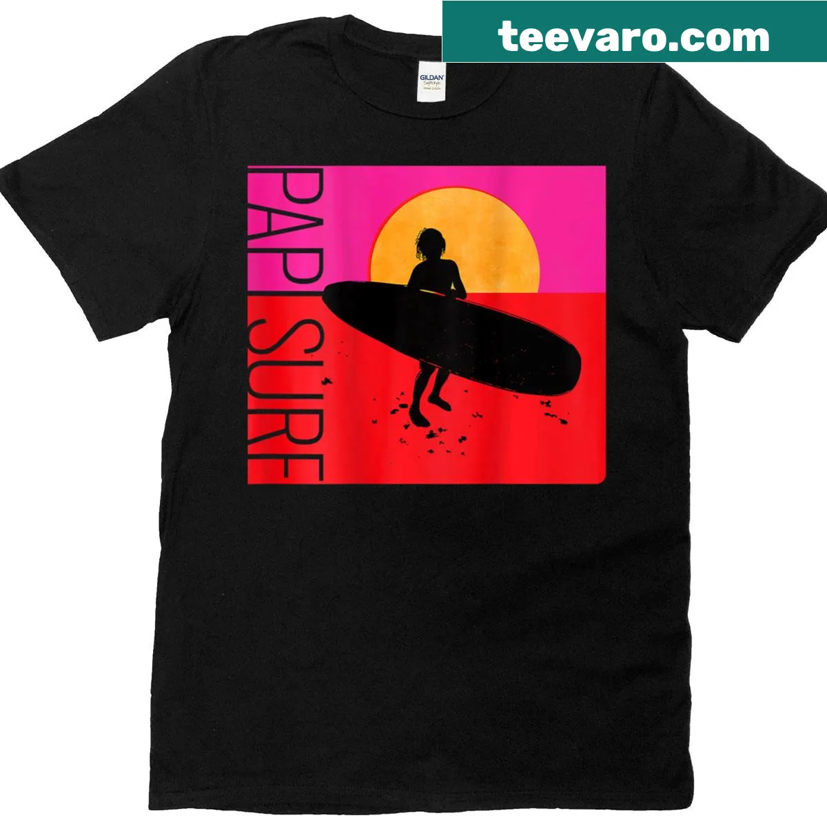 Surfer riding waves at sunset on a T-shirt — on a men's t-shirt