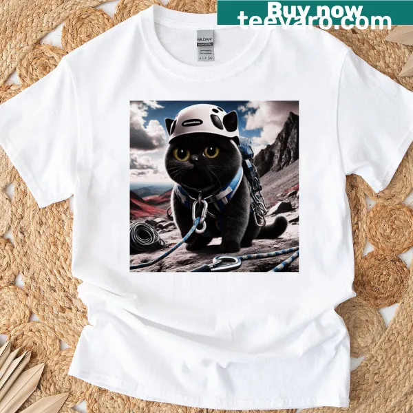 Illustrated t-shirt featuring a cat climbing to new heights