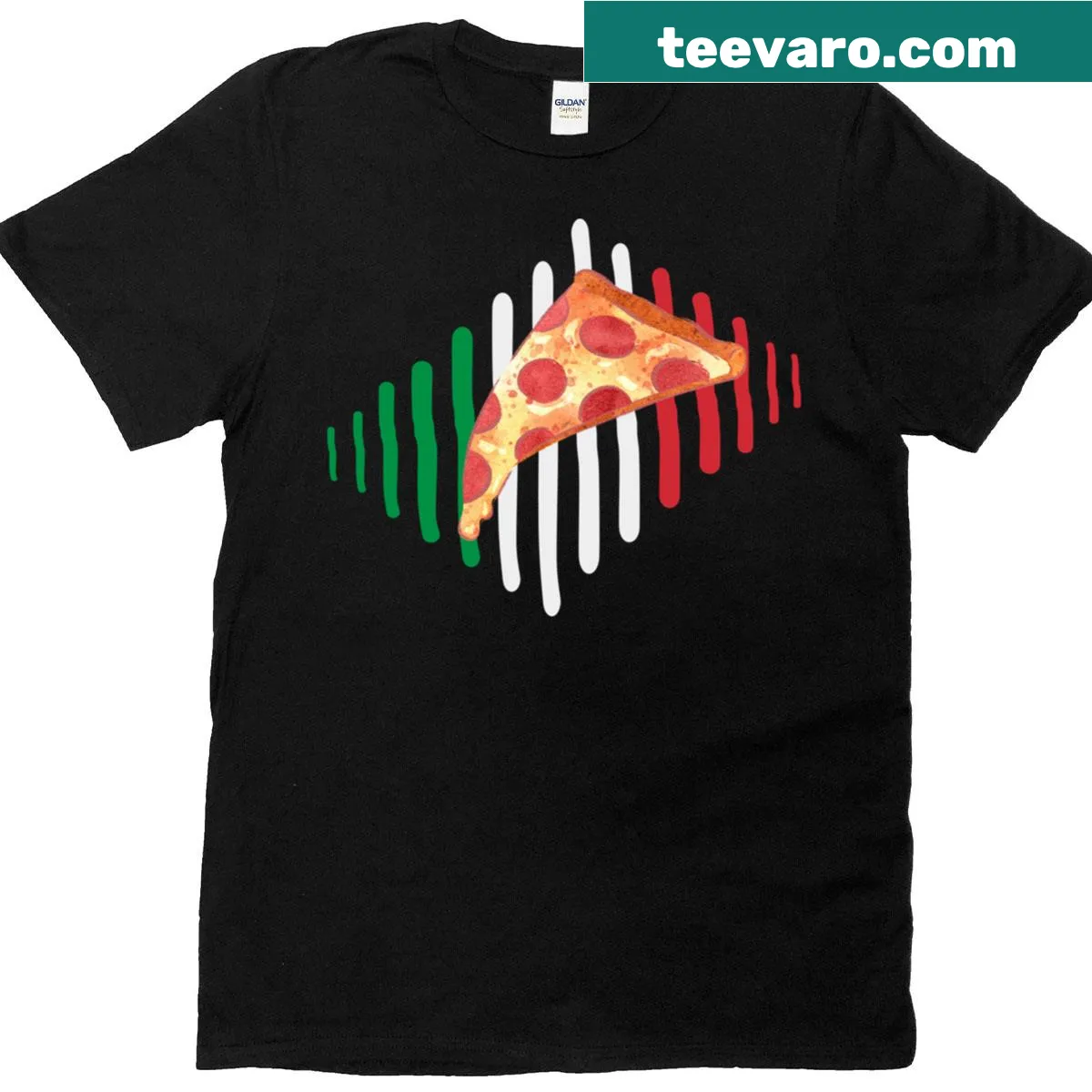 T-shirt featuring pizza graphics with an Italian flag design — on a men's t-shirt