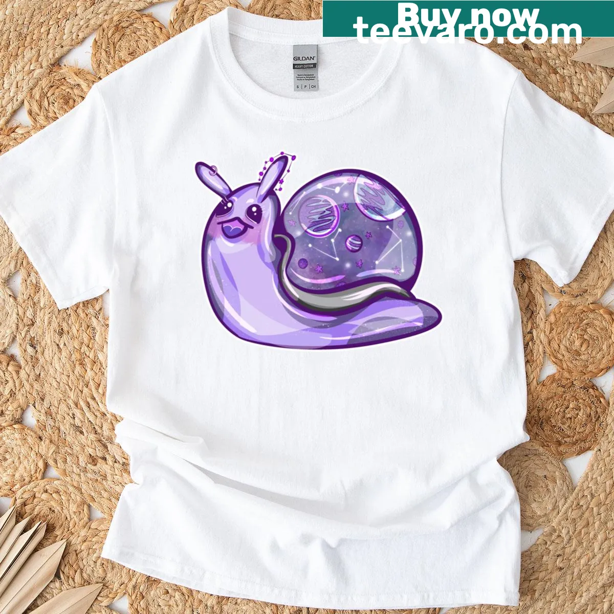 Galactic snail design on a whimsical T-shirt — on a men's t-shirt