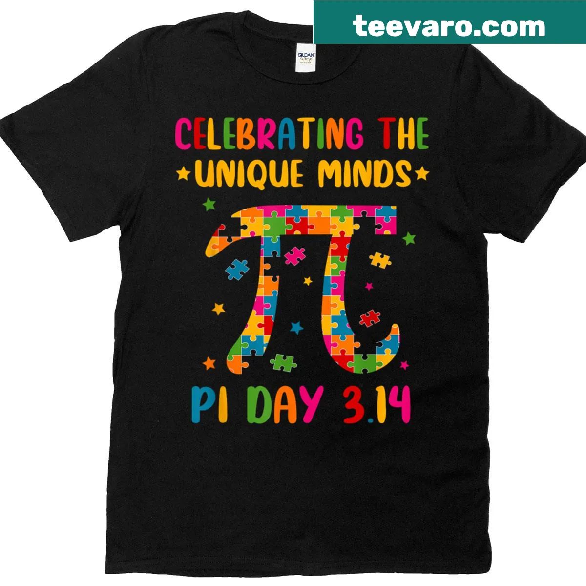 T-shirt featuring the pi symbol with puzzle pieces for Pi Day and autism awareness. — on a men's t-shirt