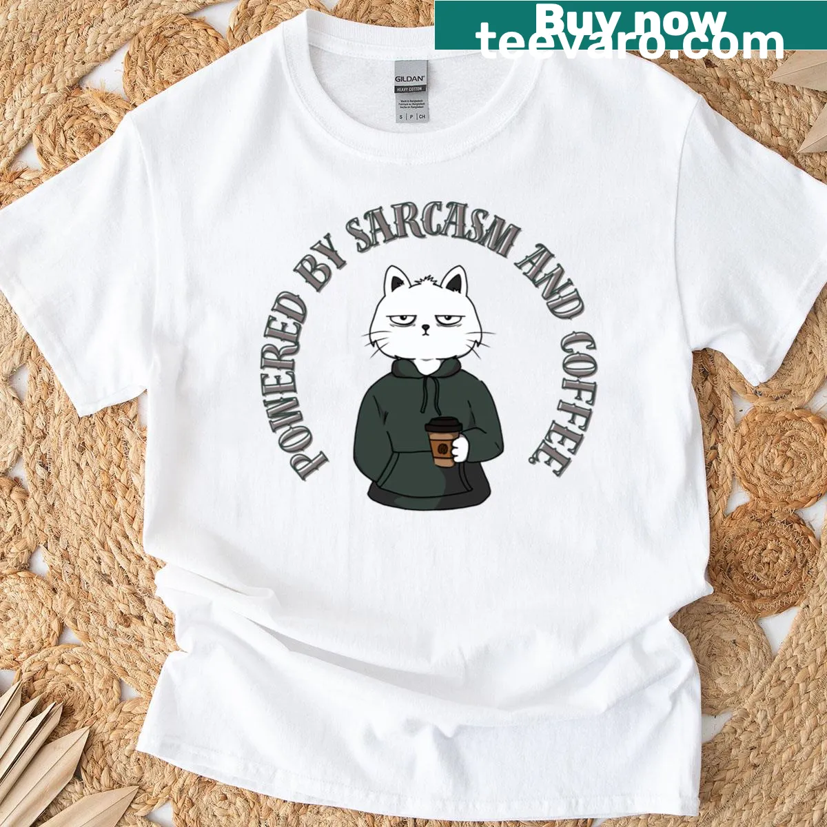 Sarcastic text about cats on a humorous t-shirt — on a men's t-shirt