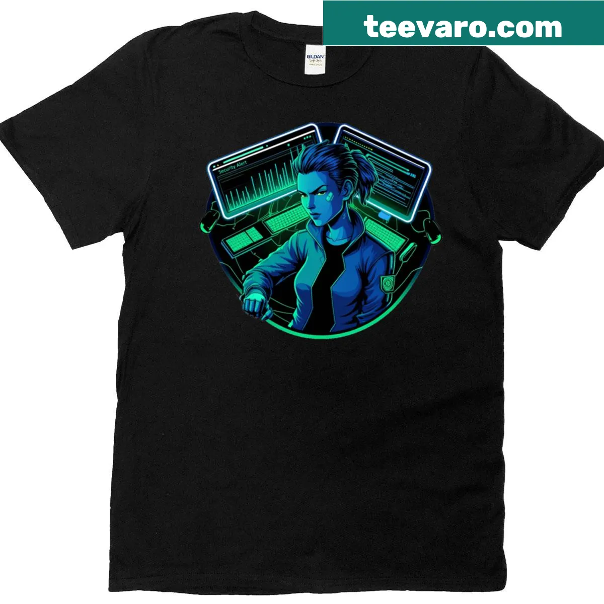 Bold typography t-shirt with 'Security Alert' text for women — on a men's t-shirt