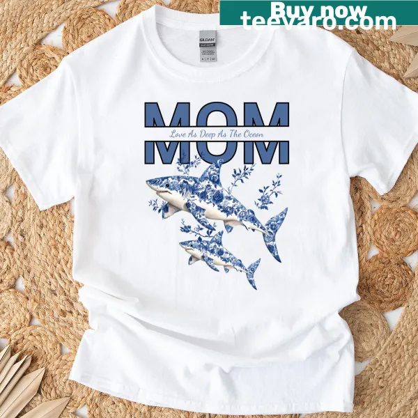 Floral shark illustration on a Mother's Day t-shirt