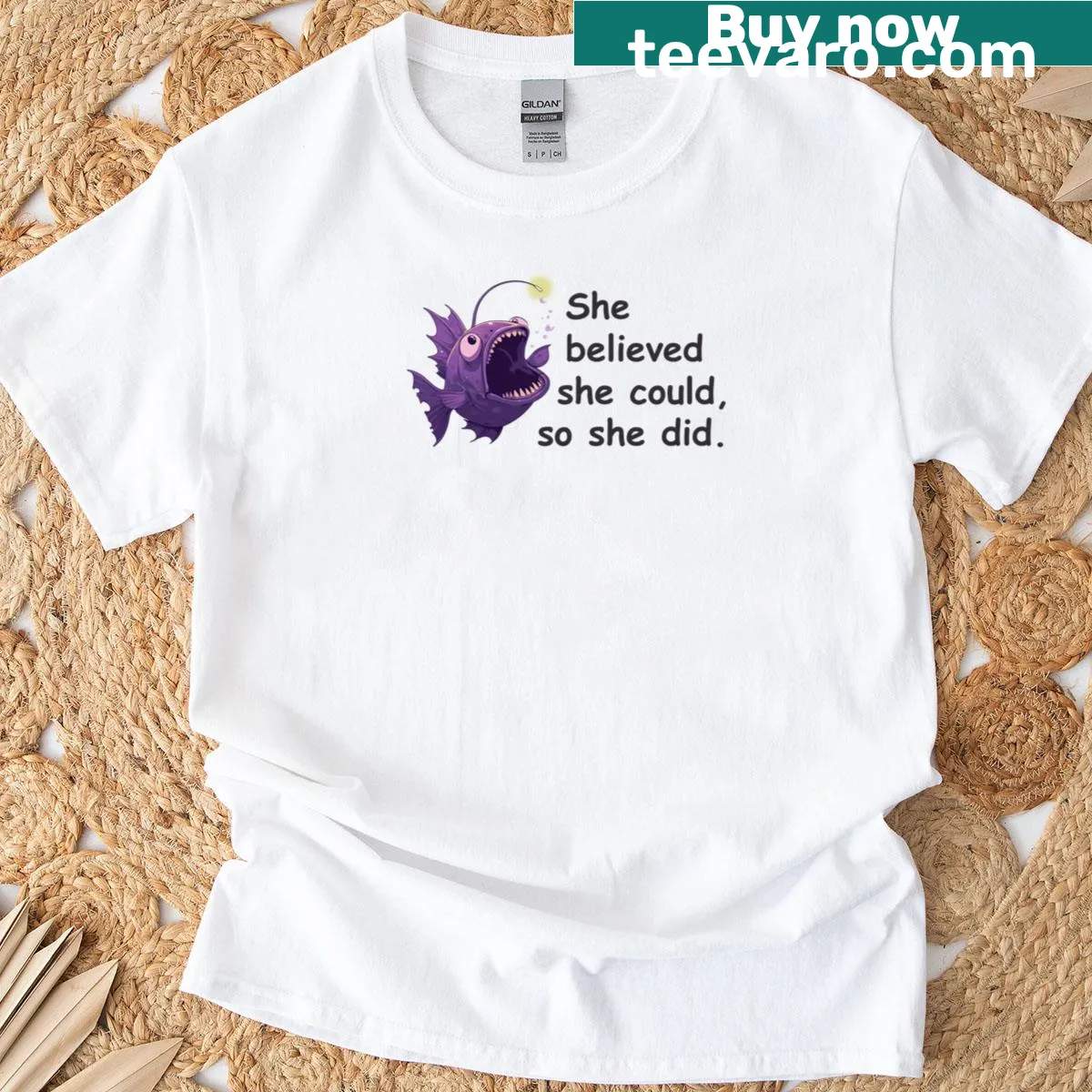 Anglerfish graphic with inspirational text on a t-shirt — on a men's t-shirt