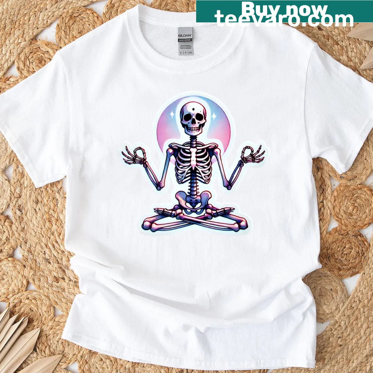 T-shirt featuring a skeleton practicing yoga poses — on a men's t-shirt