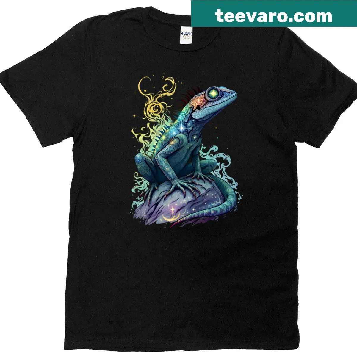 Illustrative t-shirt featuring a lizard representing regeneration — on a men's t-shirt