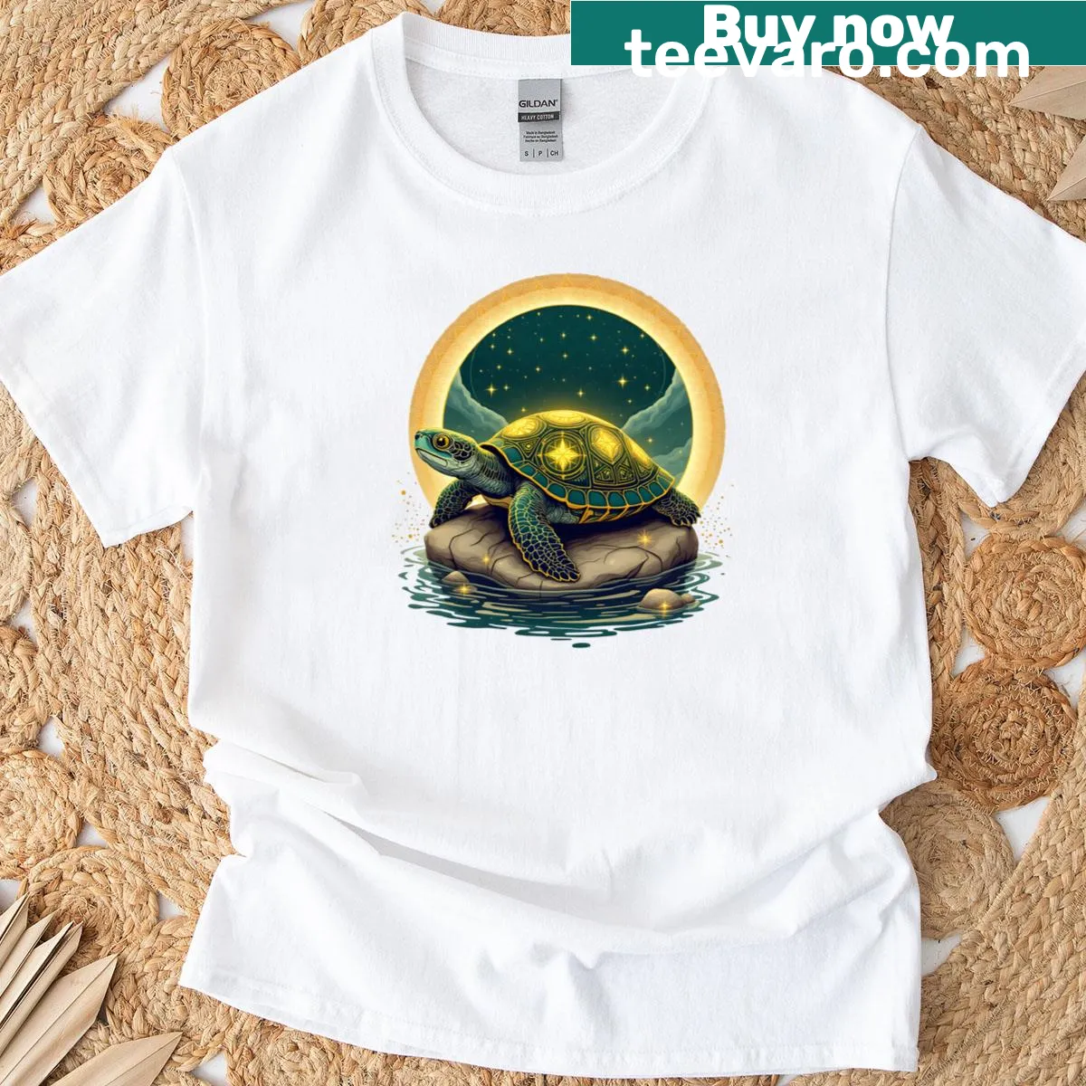 Illustrative turtle graphic symbolizing patience and longevity — on a men's t-shirt