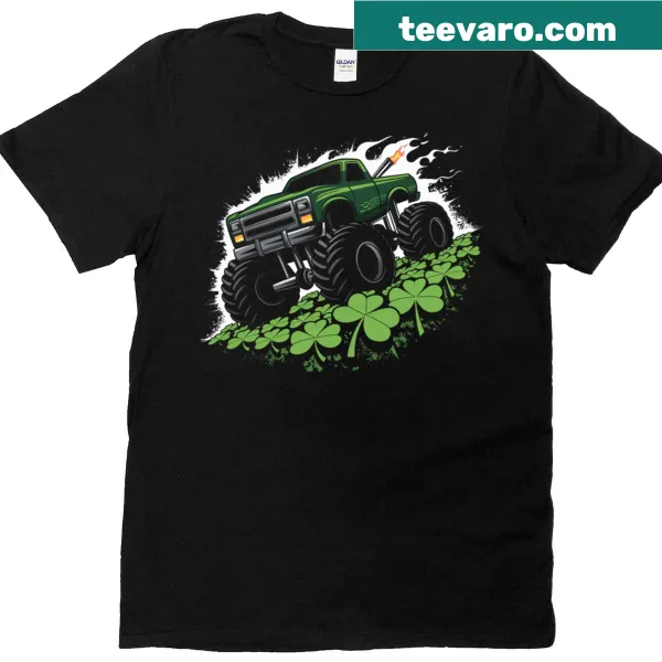 Cartoon monster truck design with shamrocks for St. Patrick's Day